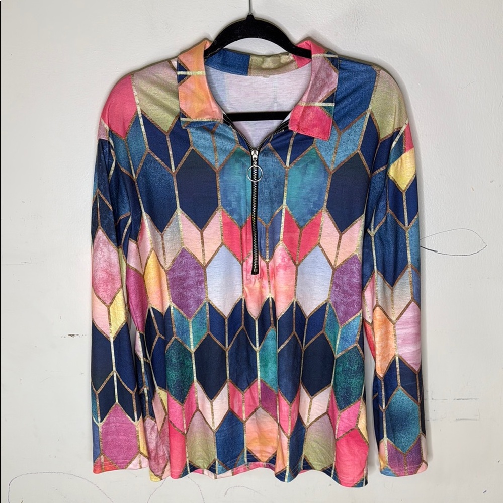 Colorful Geometric Polyester Blend Zipper Detail Long Sleeve Top XL